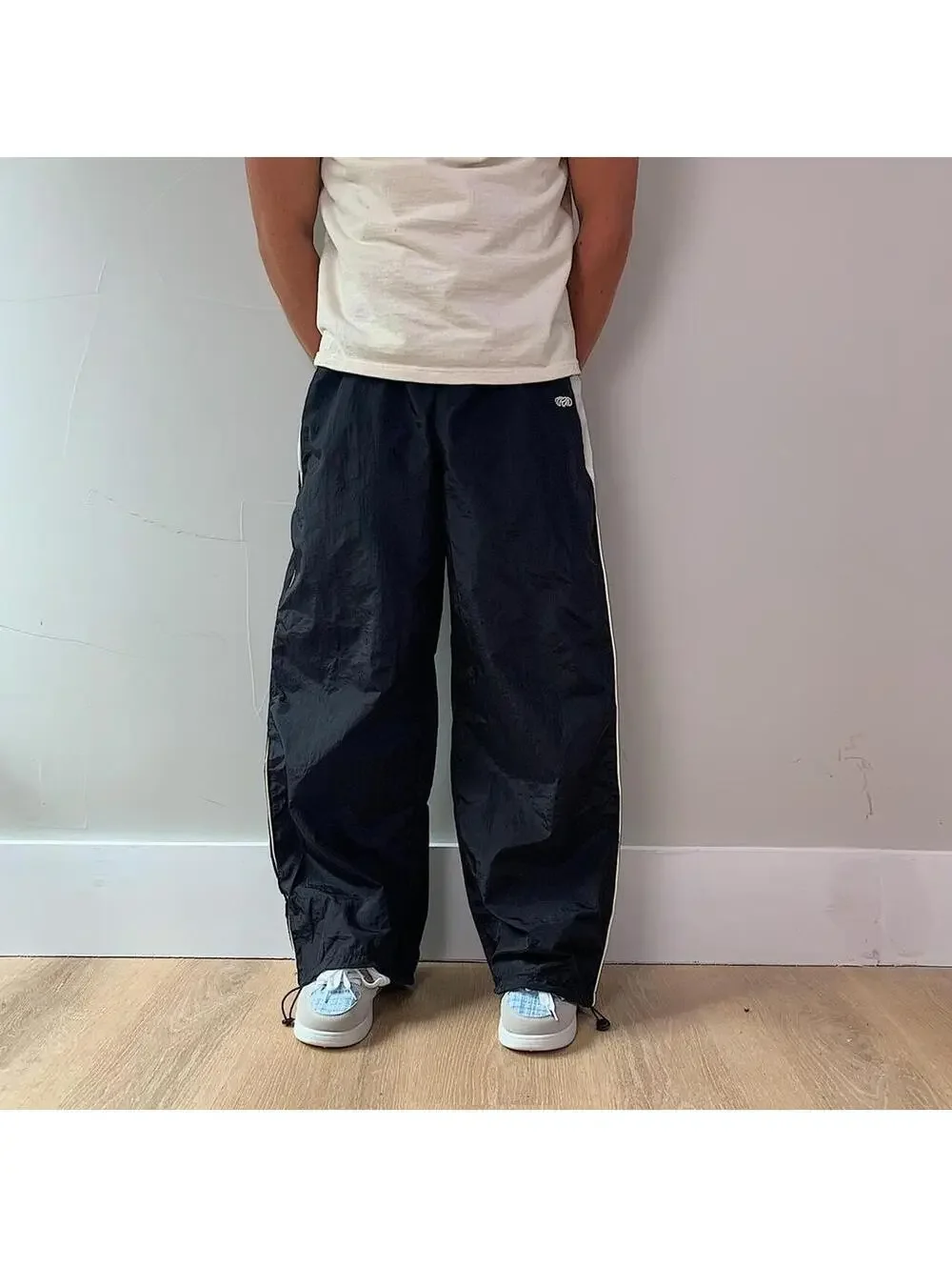 Y2k 2000s baggy loose lightweight striped black and white windbreaker pants
